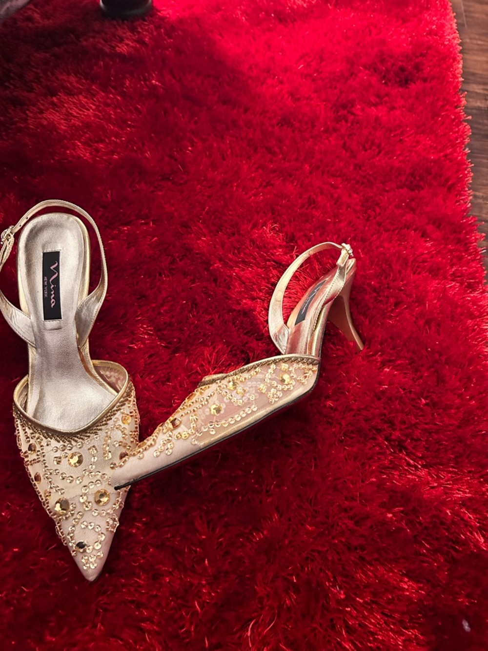 Nina Gold Sequin & Beaded Pointed Toe Slingback Heels